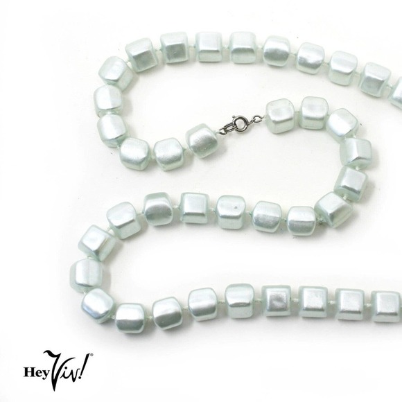 Vintage Single Strand Iridescent Light Blue Square Bead Necklace - 24" - Hey Viv - Picture 2 of 5